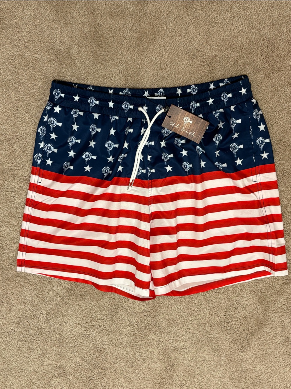 NWT Old South Men’s Windmill American Flag Soft Mesh Swim Trunks Size XL